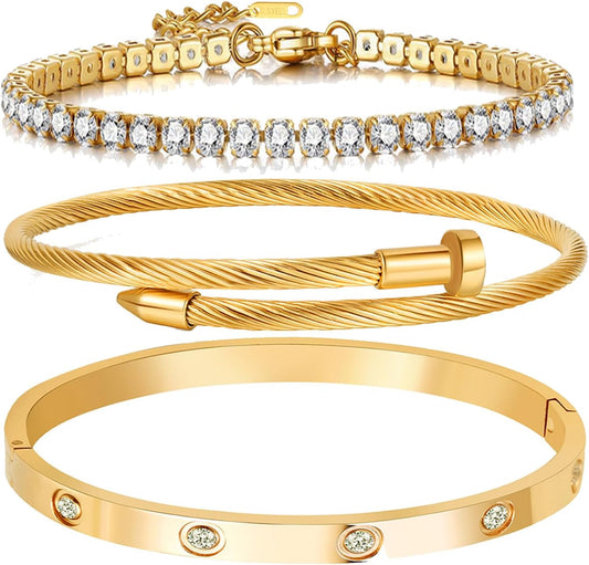 18K Gold Plated Love Bangle Bracelet Set – Flexible Wide Cuff with Sparkling CZ Stones & Hidden Clasp | Elegant Jewelry Gift for Women