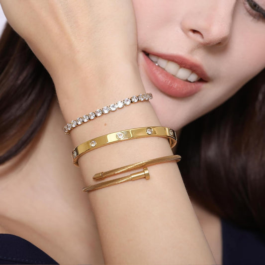 18K Gold Plated Love Bangle Bracelet Set – Flexible Wide Cuff with Sparkling CZ Stones & Hidden Clasp | Elegant Jewelry Gift for Women